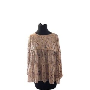 Eri+ Ali Women's Beige Floral Plated Hem Tunic Ruffle Crew Neck‎ Blouse Large